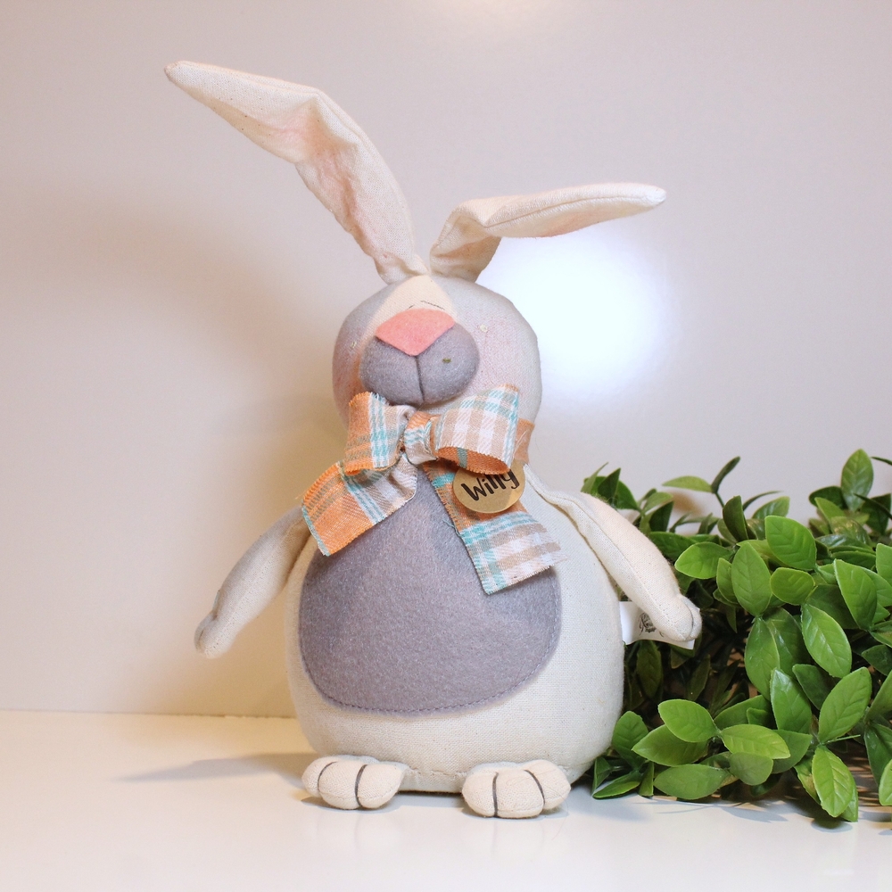 Handmade Plush Bunny with Plaid Bow - Cream & Gray
